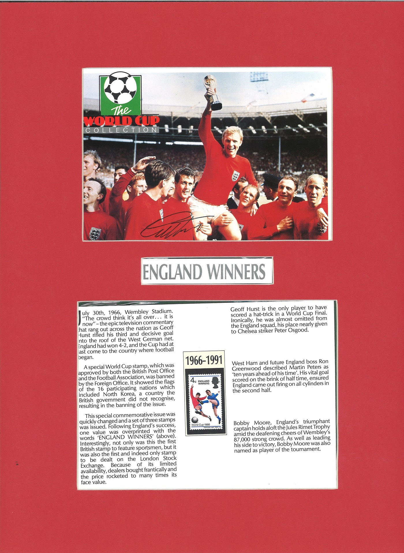 Geoff Hurst signed colour 1966 photo, mounted above masterfile page. Approx. overall size 16x12.