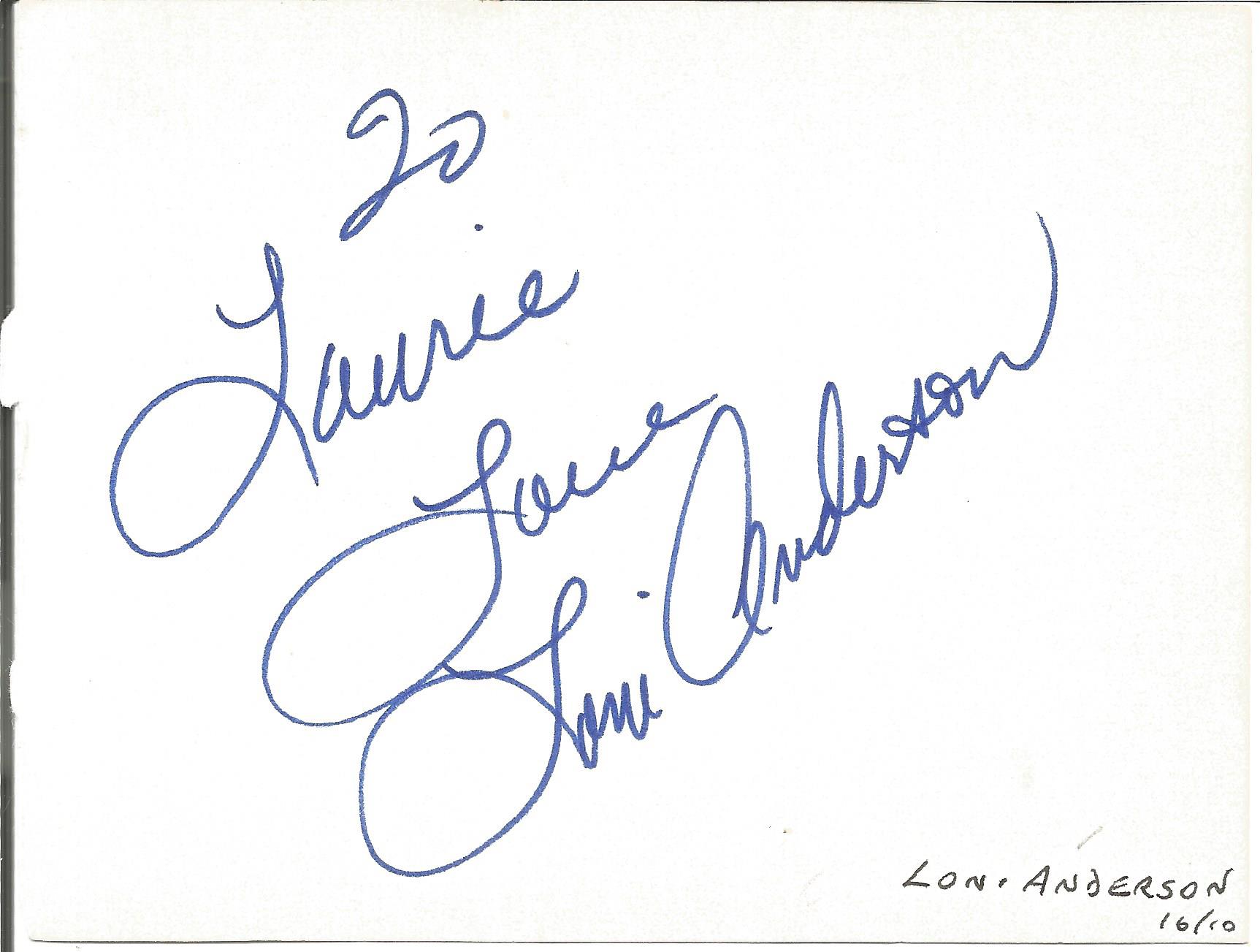 Loni Anderson signed album page. American actress. She is known for her role as receptionist