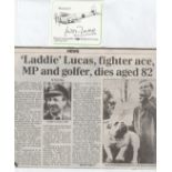 WW2 RAF Signature and news report of death of Wing Commander Percy Belgrave 'Laddie' Lucas CBE