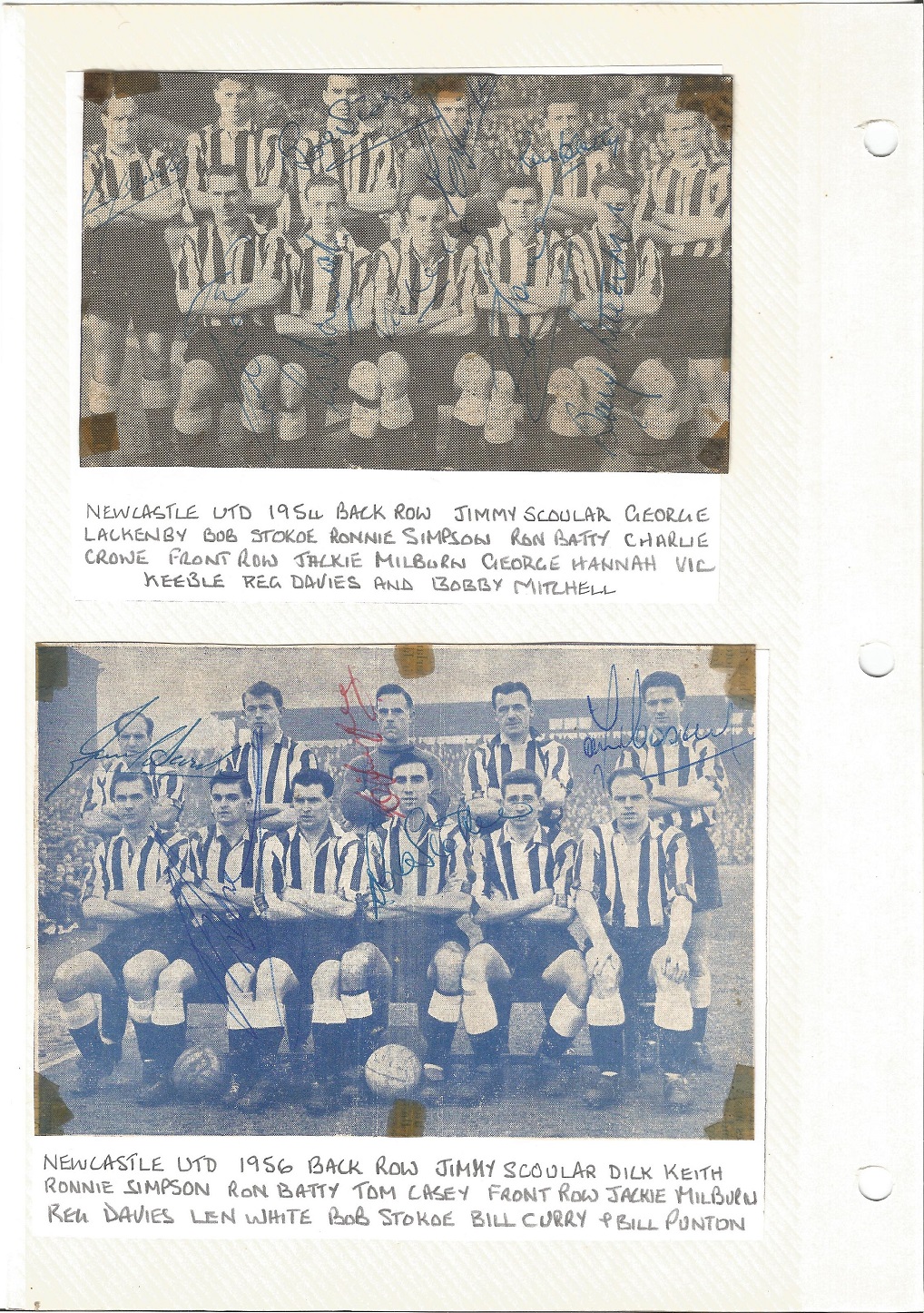 Football vintage team newspaper photos two Newcastle United 1954 and 1956 fixed to album sleeves