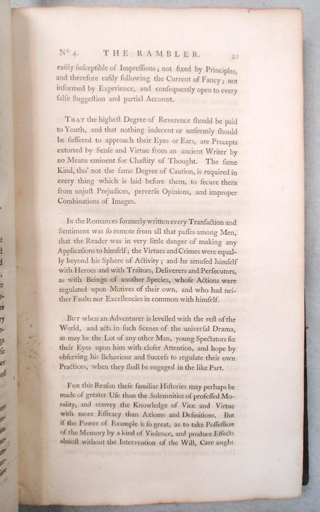 JOHNSON (Dr Samuel) The Rambler, 1751, folio, in 4 vols. London: for J. Payne and J. Bouquet, in 208 - Image 4 of 4