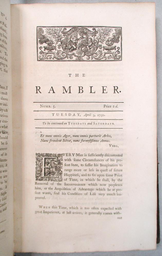 JOHNSON (Dr Samuel) The Rambler, 1751, folio, in 4 vols. London: for J. Payne and J. Bouquet, in 208 - Image 3 of 4