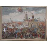 After Romeyn de Hooghe (1645 - 1708), Reception de sa Majeste au Pont du Westende, coloured etching,