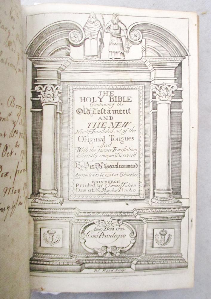 BIBLE, Edinburgh: James Watson 1722, 8vo, double column, engraved title (possibly washed), - Image 2 of 3