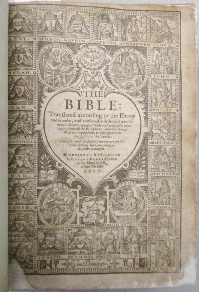 Bible, Geneva version, London: Robert Barker 1607, small 4to, black letter, engraved title and first - Image 2 of 3