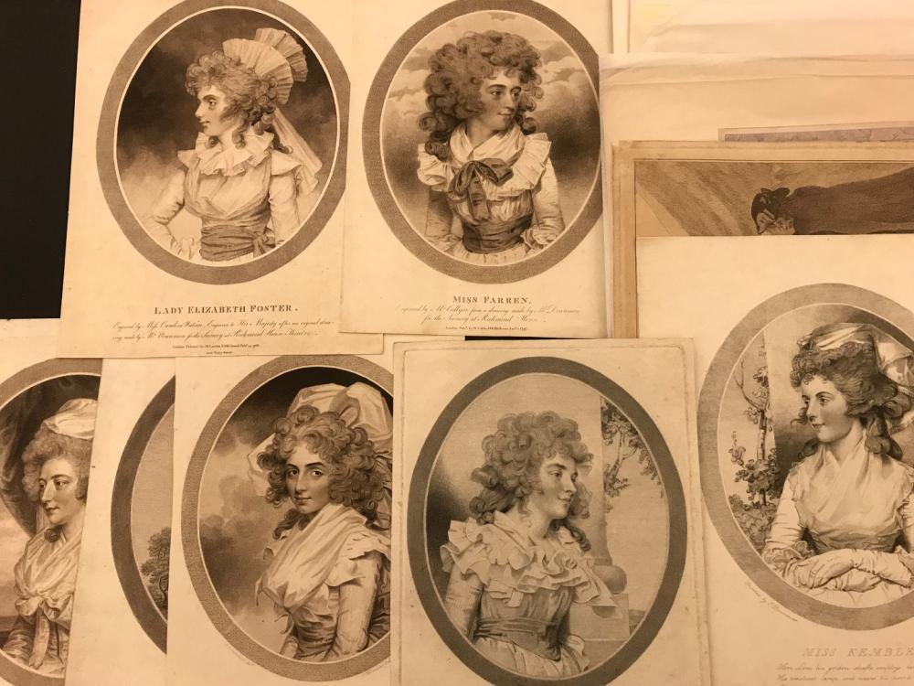 A collection of prints, 8 stipple engraved oval female portraits after J. Downman; McQueen's Dogs, 5