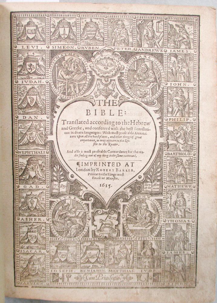 Bible, Translated according to the Hebrew and Greeke. London: Robert Barker 1615, 8vo, woodcut - Image 2 of 3