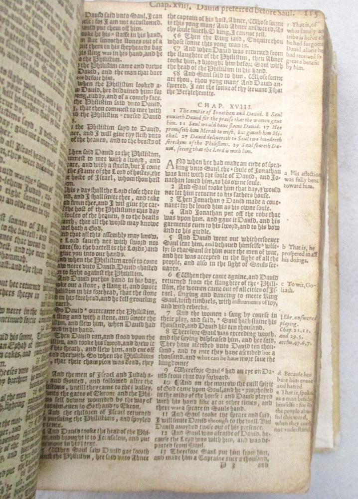Bible, Geneva version, London: Robert Barker 1607, small 4to, black letter, engraved title and first - Image 3 of 3