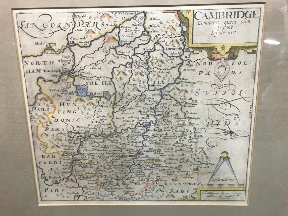 Christopher Saxton Cambridgeshire, hand coloured engraved map, for William Kip, 29 x 33cm