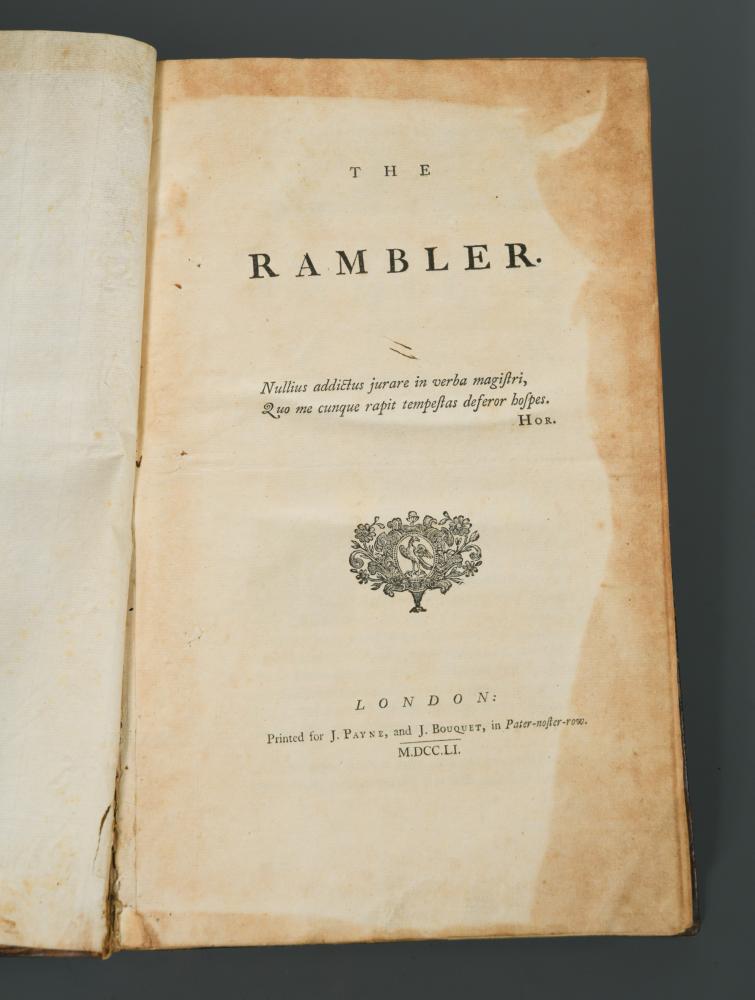 JOHNSON (Dr Samuel) The Rambler, 1751, folio, in 4 vols. London: for J. Payne and J. Bouquet, in 208