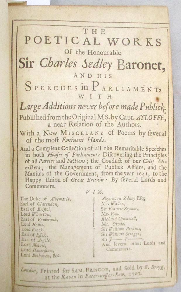 SEDLEY (Charles) The Miscellaneous Works, ... collected into one volume. London: J. Nutt 1702, - Image 5 of 5