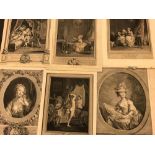 A group of 11 French 18th century female figural and interior engravings, within decorative borders,