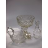 A Regency mallet shaped decanter with mushroom stopper, a fruit pedestal and a jug (3)