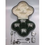A cased set of four silver salts, four silver teaspoons and two silver vestas 6.9ozt gross (10)