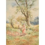 English School (19th Century), A girl with a basket, walking on a village path, watercolour, bears