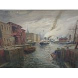 Mary Charlotte Greene (British, 1860 - 1951) 'London Docks From the East', signed with monogram, oil