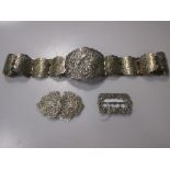 A nurses buckle, a silver shoe buckle and a Continental silver belt and buckle (3)