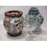 A Chinese ginger jar and blue & white vase and a glass vase (3)