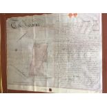 A decorative group of seven framed legal documents, mainly 19th century, including property plans,