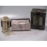A mother of pearl casket, a Cantonese ivory fan, an ivory cabinet (A/F) and a lacquer cabinet