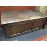 An early 18th century oak coffer, 115cm wide and 47cm deep