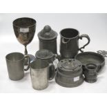 Pewter wares, various mugs including a Tudric mug and a jelly mould