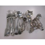 A matched set of six silver fiddle pattern table forks together with various sauce ladles, caddy