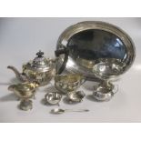 A silver bachelor teaset, sauce boat etc