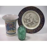 A Poole pottery vase, 18 cms, and two French green glass 'dump' weights, a Worcester 'Evesham' bowl,