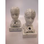 Two ceramic phrenology head spill vases, one impressed 'F Bridges, Phrenologist' (head glued) 14cm