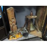 A large late 19th century bronze school bell with a pine stand, a mandolin (damaged), set of