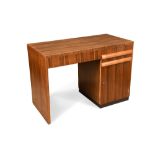 An Art Deco single pedestal walnut desk, with frieze drawer to the left and single drawer and a