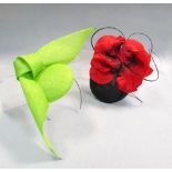 A Philip Treacy bright green fascinator hat, and a Gina Foster fascinator, black with large red