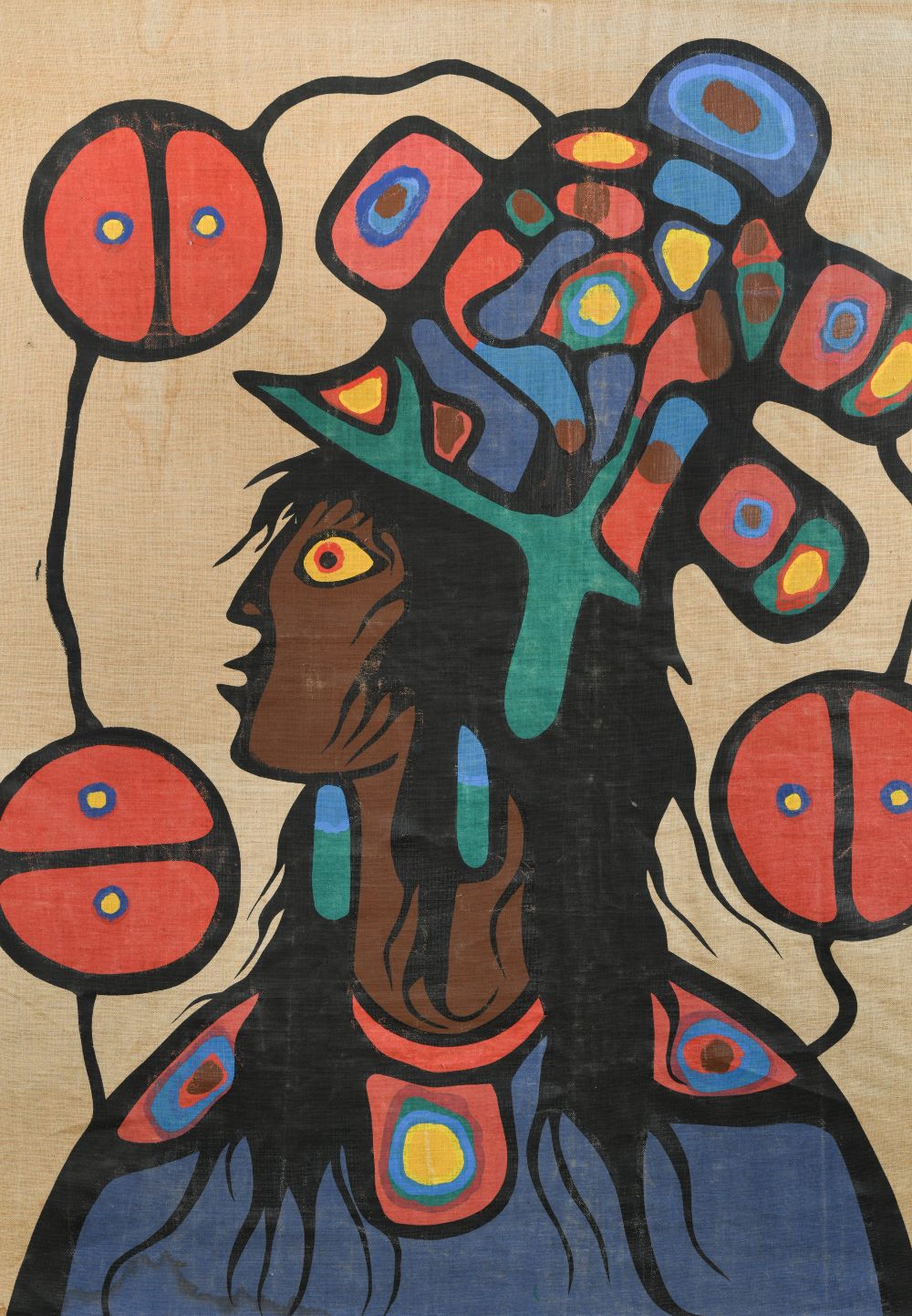 Norval Morrisseau (Canadian, 1932–2007) Medicine woman with hat, silkscreen on fabric, unframed