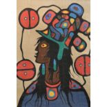 Norval Morrisseau (Canadian, 1932–2007) Medicine woman with hat, silkscreen on fabric, unframed