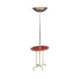 A mid-20th century chrome lamp table, the central column with uplighter to a mirrored and red