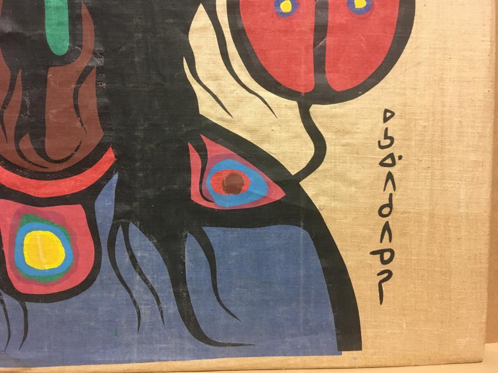 Norval Morrisseau (Canadian, 1932–2007) Medicine woman with hat, silkscreen on fabric, unframed - Image 3 of 10