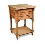 An unusual Gothic oak writing table, the square top with pair of fold-over flaps, a frieze drawer to