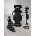 Oriental bronze vase, a seated classical figure & another (3)