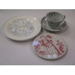 Eric Ravilious 'travel pattern' teacup and saucer, two Nymolle plaques and two Gustavsberg plates