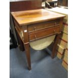 A George III rosewood sewing table, with drawers and bag below, on square legs, 75 x 54 x 53cm