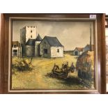 P. Chieskes, figures before a church, signed; another - river scene, signed; Piemontois, farmyard