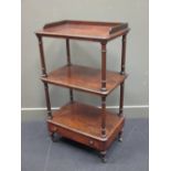 A Victorian figured walnut whatnot of three tiers with a drawer to the base, 107 x 62 x 41cm