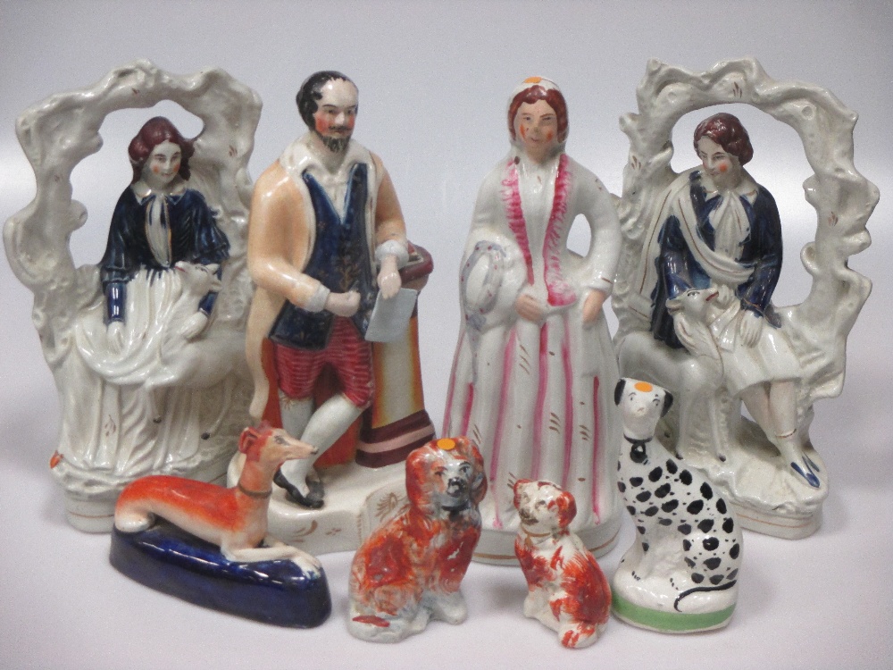A collection of Staffordshire figures to include Shakespeare, Princess Alexandra of Denmark, a