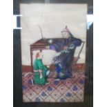 A Chinese rice paper painting of a dignitary with kneeling bowman attendant, circa 1900