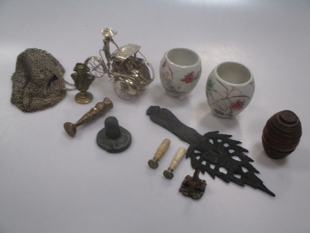 Nutmeg grater in treen case and Far Eastern rickshaw, chain mesh purse & two cups & a few other