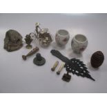 Nutmeg grater in treen case and Far Eastern rickshaw, chain mesh purse & two cups & a few other