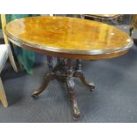 A late Victorian inlaid walnut oval occasional table on four leg base, 71 x 103 x 69cm