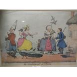 A Bunbury coloured caricature, 'The Judgment of Paris', and a small skull print on fabric backing (