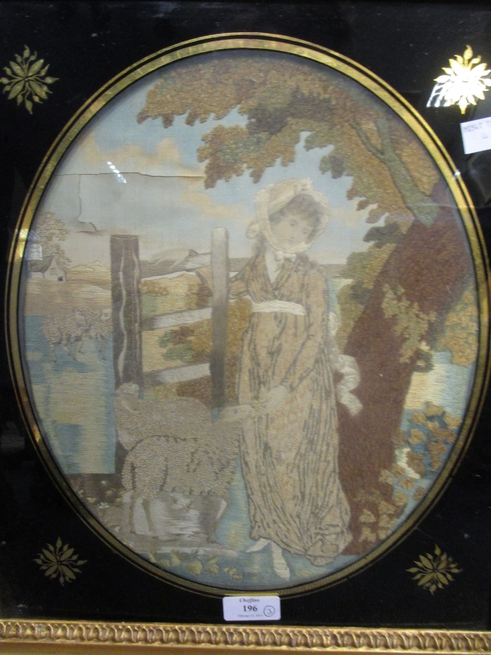 Three 19th century silk needlework pictures emblematic of the four seasons, framed (3) - Image 2 of 5